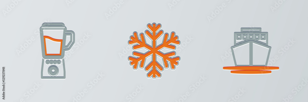 Poster set line ship, blender and snowflake icon. vector
