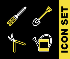 Set line Garden shovel, Watering can, Gardening handmade scissor and icon. Vector