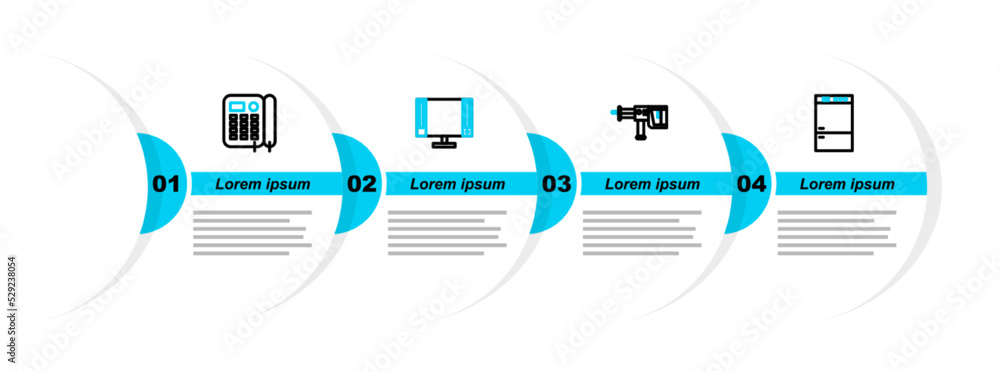 Poster set line refrigerator, rotary hammer drill machine, smart tv and telephone icon. vector