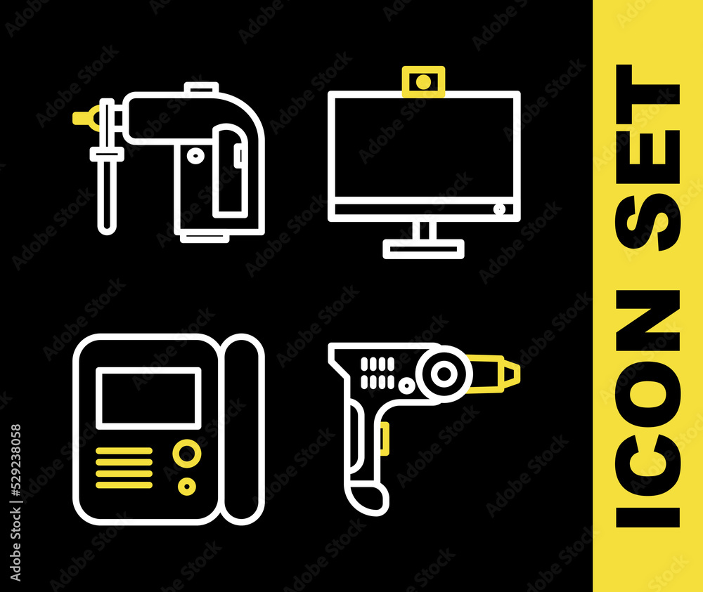 Poster set line computer monitor, electric drill machine, house intercom system and rotary hammer icon. vec