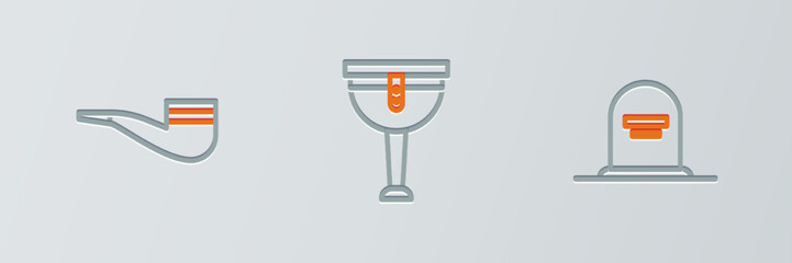 Set line Tombstone with RIP written, Smoking pipe and Wooden pirate leg icon. Vector