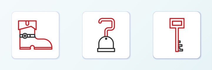 Set line Pirate key, Leather pirate boots and hook icon. Vector