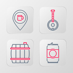 Set line Beer can, Wooden barrel, Banjo and Alcohol or beer location icon. Vector