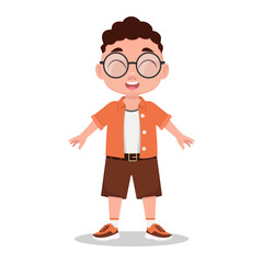 The child is smiling, eyes are closed, the boy is wearing glasses, the schoolboy. Vector illustration