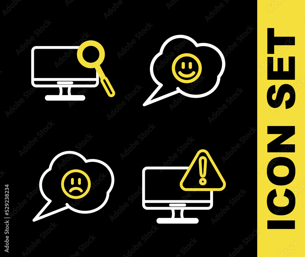 Poster set line speech bubble with smile face, monitor exclamation mark, sad and computer monitor diagnosti