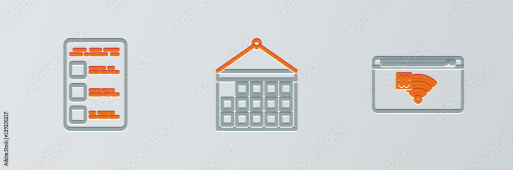 Poster set line no internet connection, create account screen mobile and calendar icon. vector