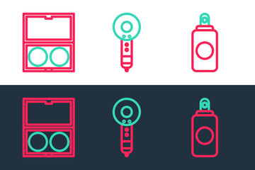 Set line Spray can, Makeup powder with mirror and Hair dryer icon. Vector