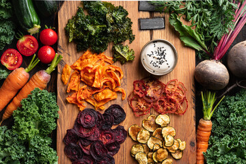 Dried vegetables chips from beets, carrots, zucchini, kale, tomatoes, top view