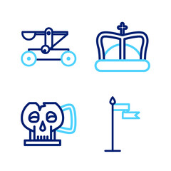 Set line Medieval flag, Cup from the skull, King crown and Catapult shooting stones icon. Vector