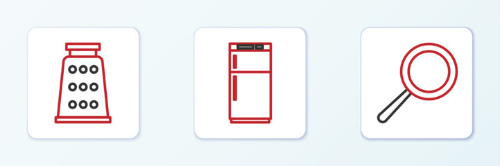 Set line Frying pan, Grater and Refrigerator icon. Vector