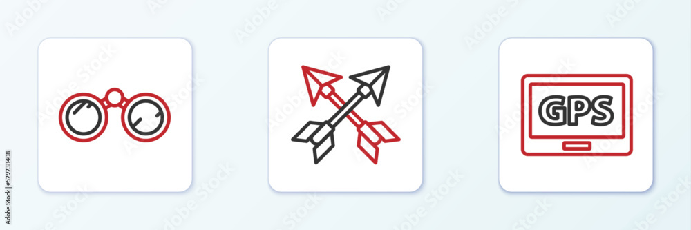 Poster set line gps device with map, binoculars and crossed arrows icon. vector