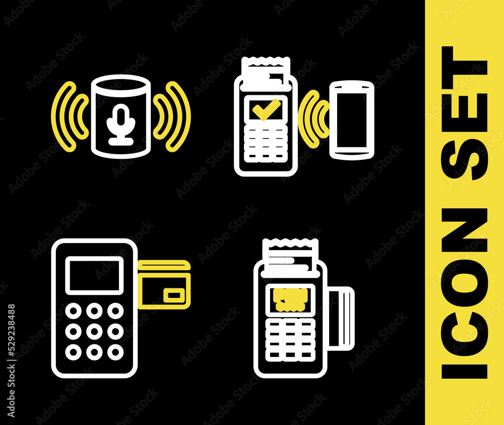 Poster set line pos terminal, pos and voice assistant icon. vector