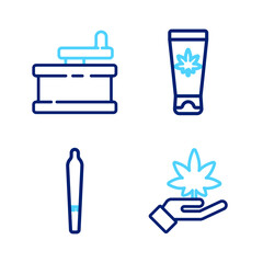 Set line Marijuana or cannabis leaf, joint, Medical cream with marijuana and Manual grinder icon. Vector
