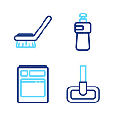 Set line Mop, Kitchen dishwasher machine, Dishwashing liquid bottle and Brush for cleaning icon. Vector