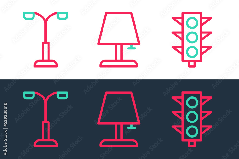 Poster set line traffic light, street and table lamp icon. vector