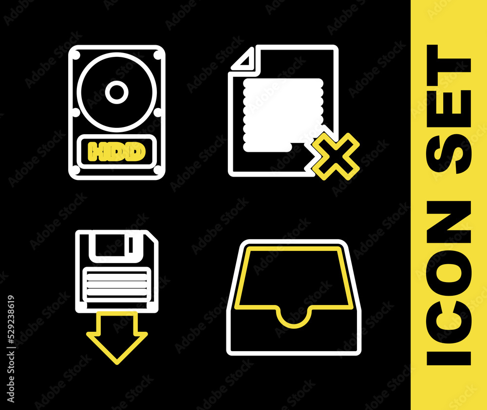 Poster set line delete file document, social media inbox, floppy disk backup and hard drive hdd icon. vecto