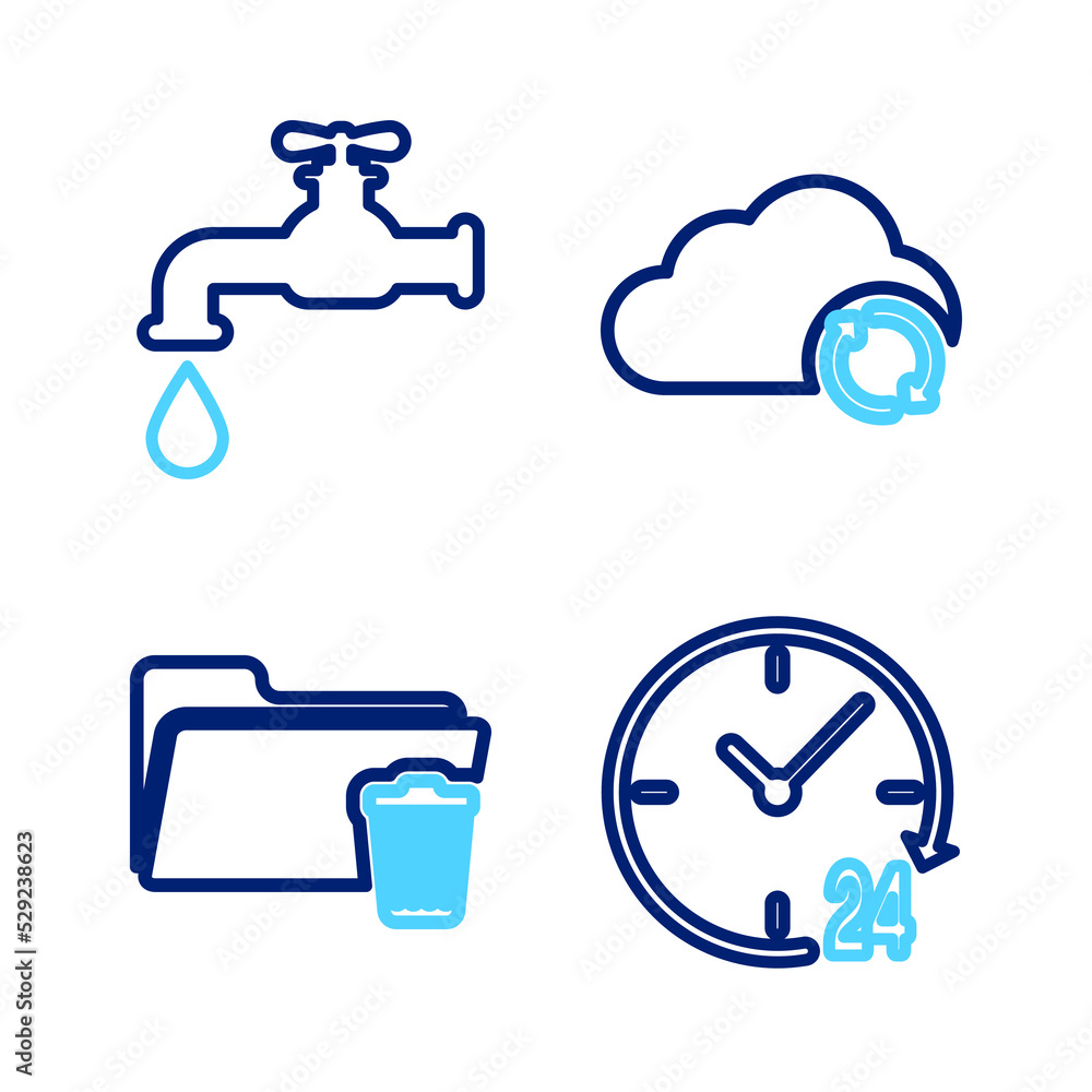 Poster set line clock 24 hours, delete folder, cloud sync refresh and water tap icon. vector