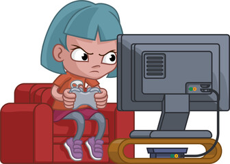 A Girl kid or child gamer playing video games on her console cartoon