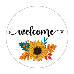Welcome Fall Round Sign Vector Illustration, Autumn Door Hanger Design