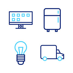 Set line Delivery cargo truck, Light bulb, Refrigerator and Smart Tv icon. Vector