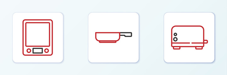 Set line Toaster, Electronic scales and Frying pan icon. Vector