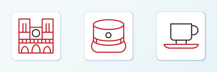 Set line Coffee cup, Notre Dame and Kepi icon. Vector