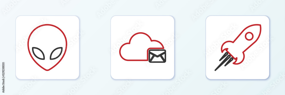Poster set line rocket ship with fire, alien and cloud mail server icon. vector