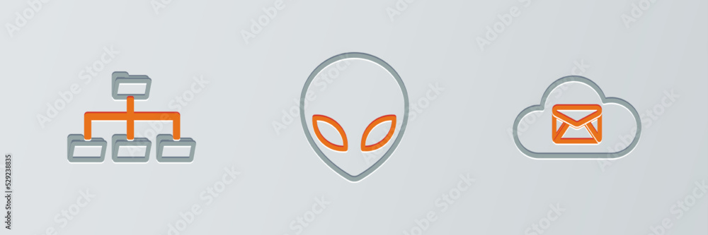 Poster set line cloud mail server, folder tree and alien icon. vector