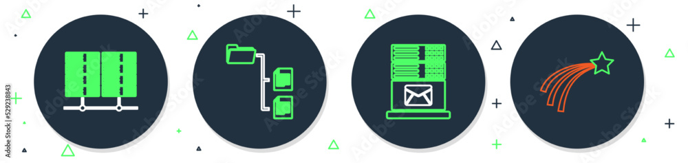 Poster set line folder tree, mail server, server, data, web hosting and falling star icon. vector