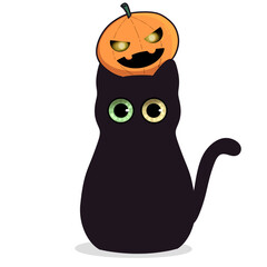 Obraz premium Black cat with pumpkin on his head. Odd eyed kitty. Halloween concept. Cute and funny style. Hand drawn character on white