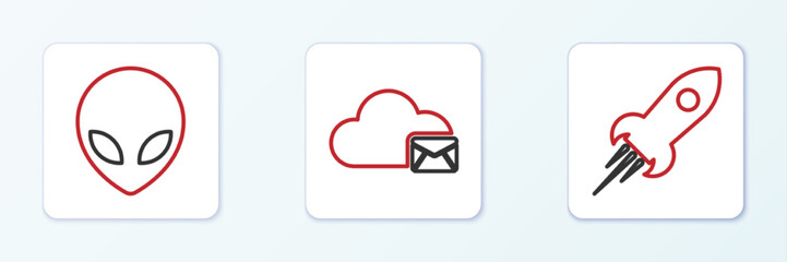 Set line Rocket ship with fire, Alien and Cloud mail server icon. Vector