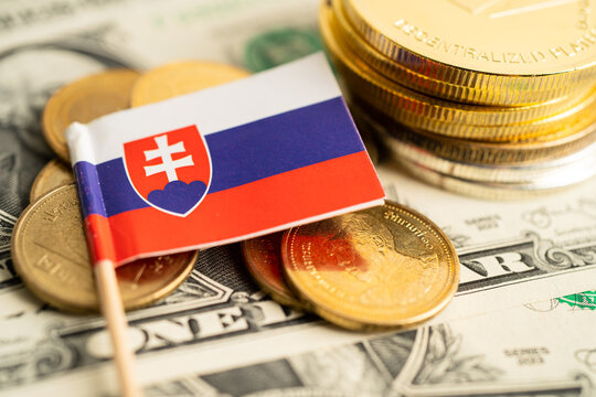 Stack of coins money with Slovakia flag, finance banking concept.