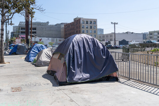 Homeless Tents Along The Roadside In Downtown Los Angeles, California, USA. 