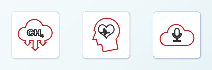 Obraz premium Set line Music streaming service, Methane emissions reduction and Head with heartbeat icon. Vector
