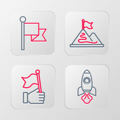 Set line Rocket ship, Hand holding flag, Mountains with and Flag icon. Vector