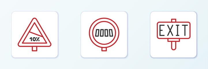 Set line Fire exit, Steep ascent and descent road and Pedestrian crosswalk icon. Vector