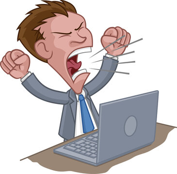 An angry stressed business man in a suit shouting at a laptop cartoon