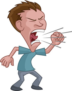 An angry man cartoon character mascot shouting, yelling or screaming