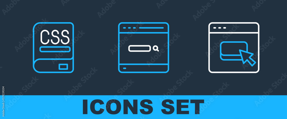 Poster set line browser files, books about programming and search engine icon. vector