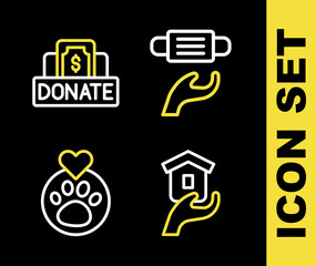 Set line Medical protective mask, Shelter for homeless, Heart with animals footprint and Donation and charity icon. Vector