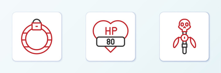 Set line Magic staff, stone ring and Video game bar icon. Vector