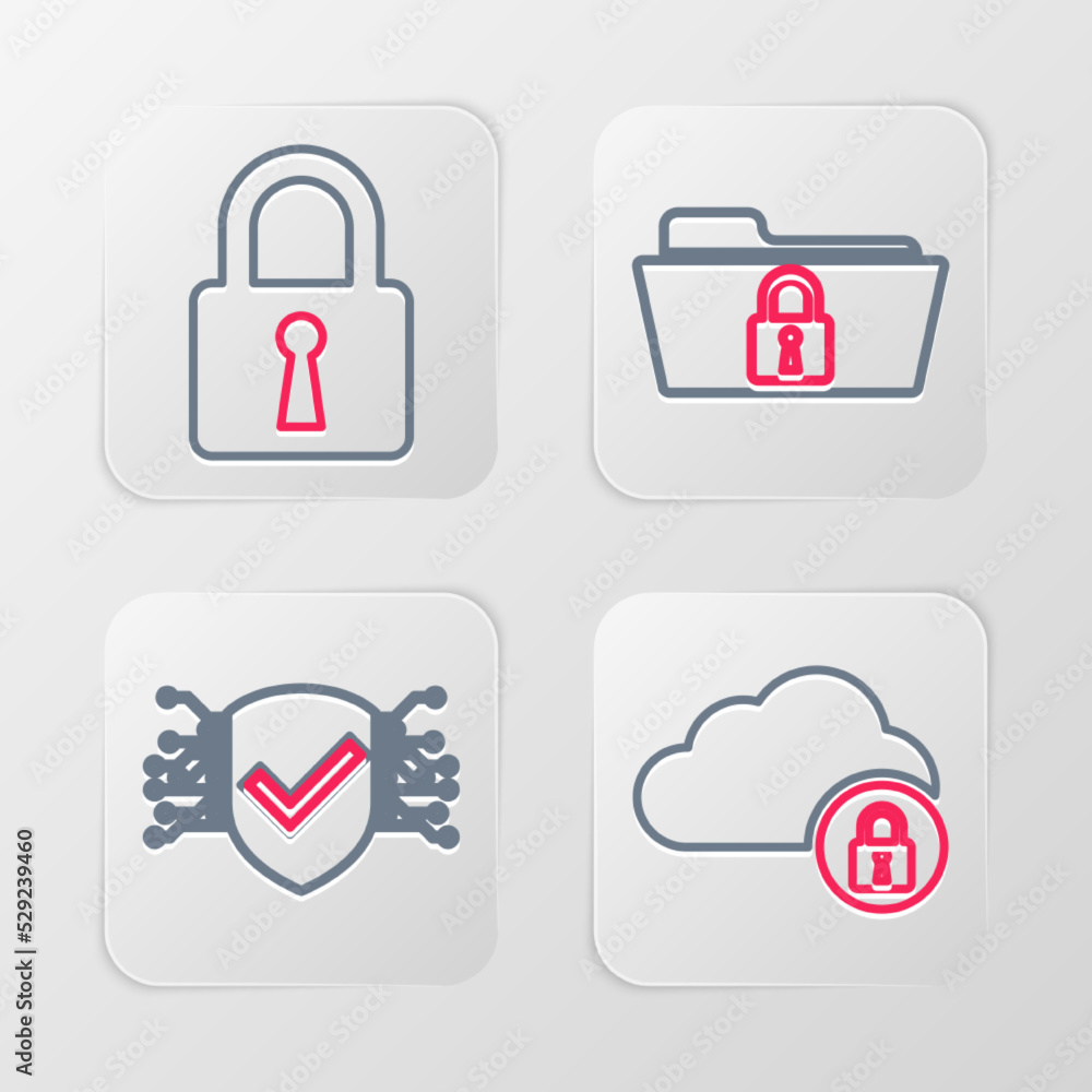 Poster set line cloud computing lock, cyber security, folder and and lock icon. vector