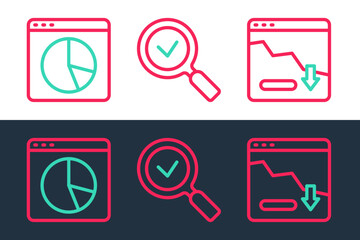 Set line Financial growth decrease, Graph chart infographic and Magnifying glass with check mark icon. Vector