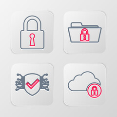 Set line Cloud computing lock, Cyber security, Folder and and Lock icon. Vector