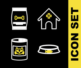 Set line Veterinary medicine hospital, Pet food bowl, Canned for cat and Bag of pet icon. Vector