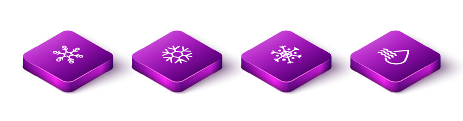 Set Isometric Snowflake, , and Water drop percentage icon. Vector