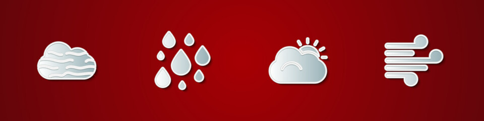 Set Fog and cloud, Water drop, Sun and Wind icon. Vector