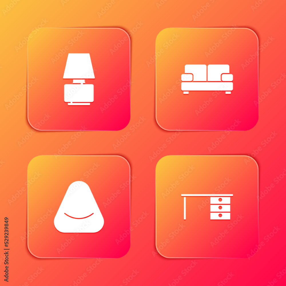 Sticker set table lamp, sofa, pouf and office desk icon. vector