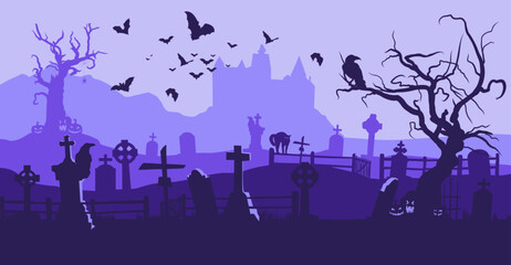 Halloween vector illustration. Scary cemetery, graves, tomb stones, night sky, Dracula's castle, black crow, flock of bats, creepy pumpkins, Halloween scene, template for greeting card.