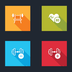 Set Bench with barbell, Heart rate, Dumbbell and icon. Vector